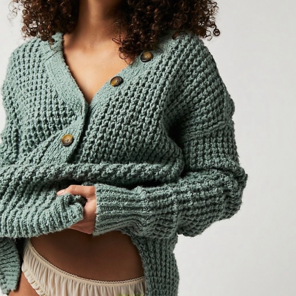 21) Free People Whistle Thermal Slouchy Henley Sweater Tunic Top in Green EUC